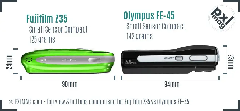 Fujifilm Z35 vs Olympus FE-45 top view buttons comparison