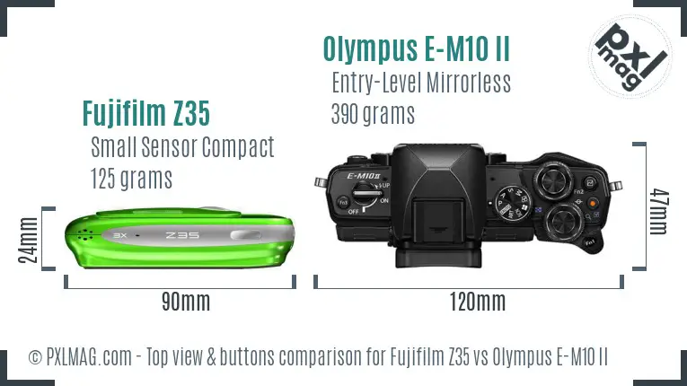 Fujifilm Z35 vs Olympus E-M10 II top view buttons comparison