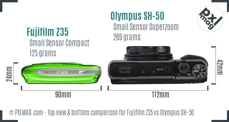 Fujifilm Z35 vs Olympus SH-50 top view buttons comparison