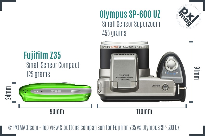 Fujifilm Z35 vs Olympus SP-600 UZ top view buttons comparison