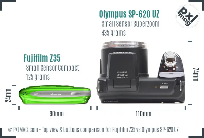 Fujifilm Z35 vs Olympus SP-620 UZ top view buttons comparison Fujifilm Z35 vs Olympus SP-620 UZ top view buttons comparison