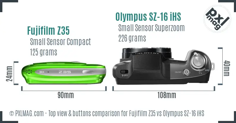 Fujifilm Z35 vs Olympus SZ-16 iHS top view buttons comparison Fujifilm Z35 vs Olympus SZ-16 iHS top view buttons comparison