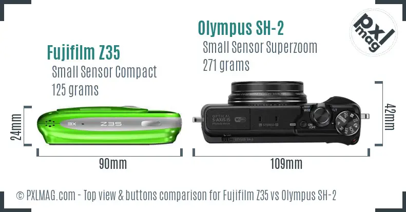 Fujifilm Z35 vs Olympus SH-2 top view buttons comparison Fujifilm Z35 vs Olympus SH-2 top view buttons comparison