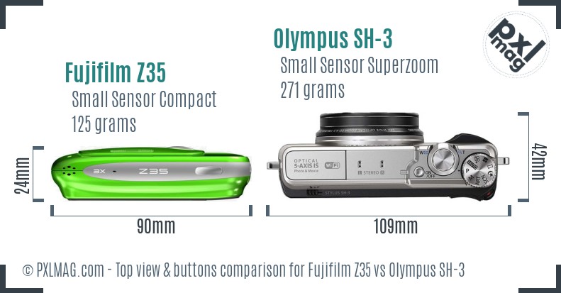 Fujifilm Z35 vs Olympus SH-3 top view buttons comparison
