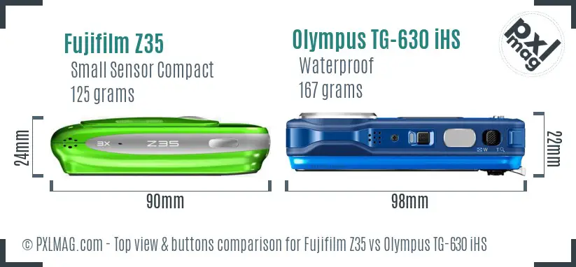 Fujifilm Z35 vs Olympus TG-630 iHS top view buttons comparison Fujifilm Z35 vs Olympus TG-630 iHS top view buttons comparison