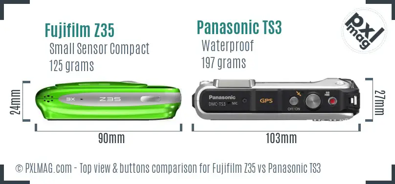Fujifilm Z35 vs Panasonic TS3 top view buttons comparison Fujifilm Z35 vs Panasonic TS3 top view buttons comparison