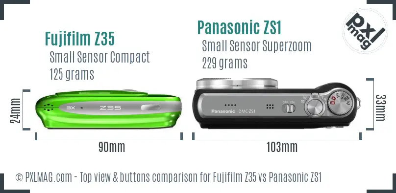 Fujifilm Z35 vs Panasonic ZS1 top view buttons comparison Fujifilm Z35 vs Panasonic ZS1 top view buttons comparison