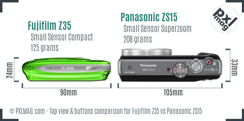 Fujifilm Z35 vs Panasonic ZS15 top view buttons comparison