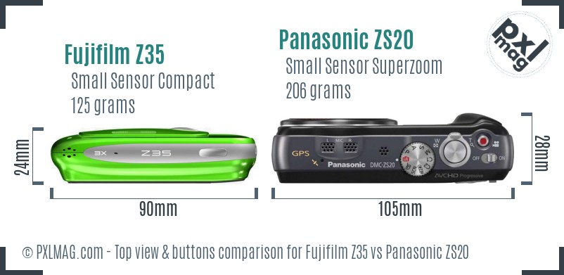 Fujifilm Z35 vs Panasonic ZS20 top view buttons comparison