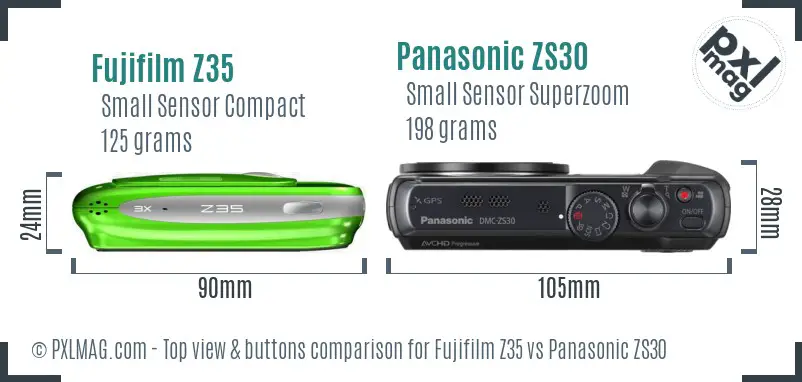 Fujifilm Z35 vs Panasonic ZS30 top view buttons comparison