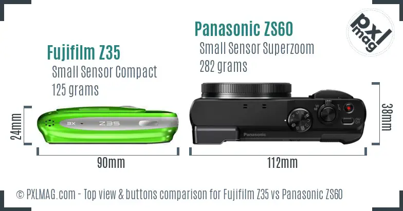 Fujifilm Z35 vs Panasonic ZS60 top view buttons comparison Fujifilm Z35 vs Panasonic ZS60 top view buttons comparison