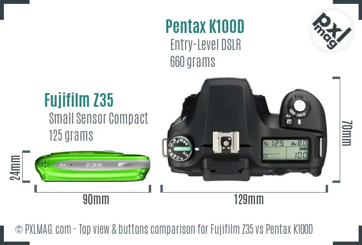 Fujifilm Z35 vs Pentax K100D top view buttons comparison