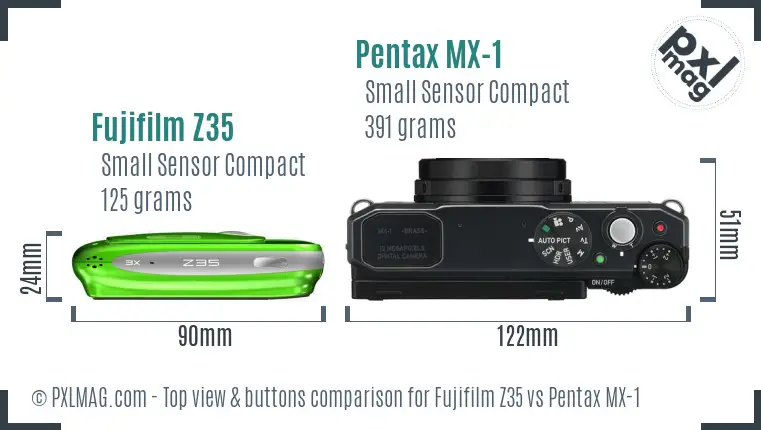 Fujifilm Z35 vs Pentax MX-1 top view buttons comparison