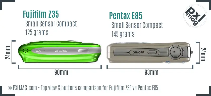 Fujifilm Z35 vs Pentax E85 top view buttons comparison Fujifilm Z35 vs Pentax E85 top view buttons comparison