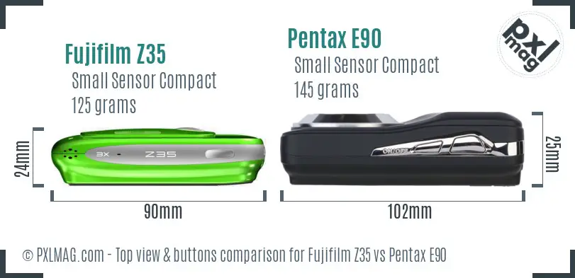 Fujifilm Z35 vs Pentax E90 top view buttons comparison