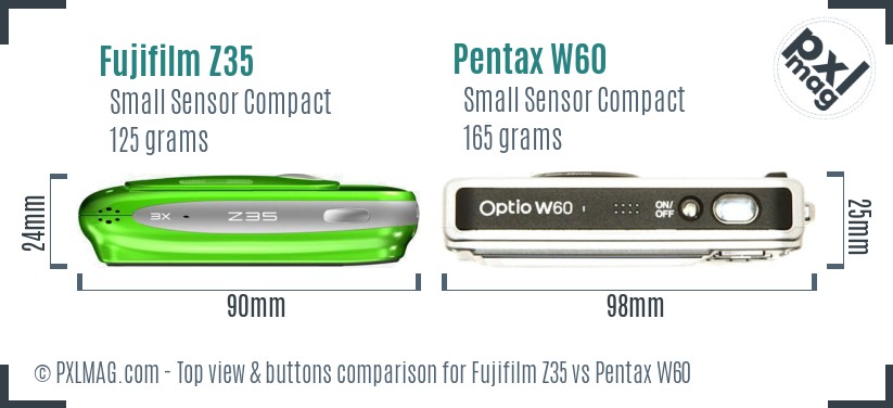 Fujifilm Z35 vs Pentax W60 top view buttons comparison
