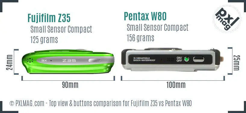 Fujifilm Z35 vs Pentax W80 top view buttons comparison Fujifilm Z35 vs Pentax W80 top view buttons comparison