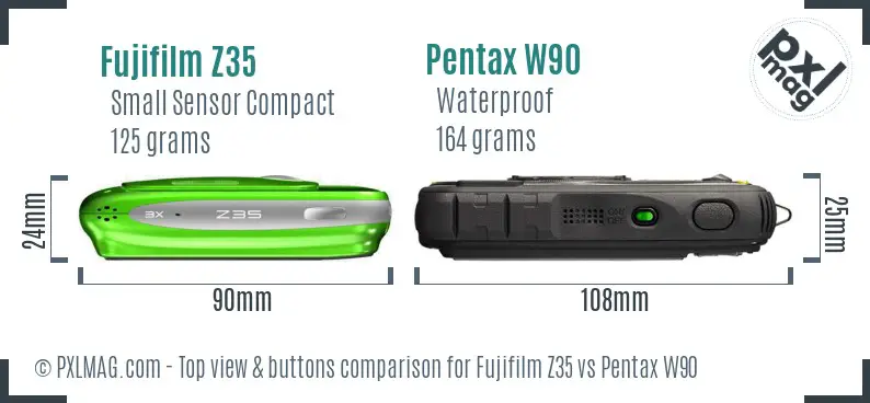 Fujifilm Z35 vs Pentax W90 top view buttons comparison Fujifilm Z35 vs Pentax W90 top view buttons comparison