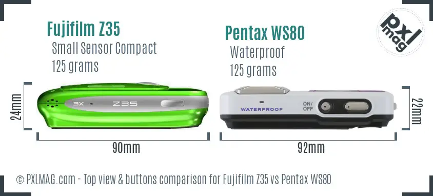 Fujifilm Z35 vs Pentax WS80 top view buttons comparison Fujifilm Z35 vs Pentax WS80 top view buttons comparison