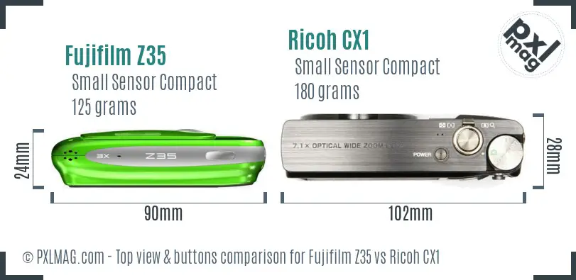 Fujifilm Z35 vs Ricoh CX1 top view buttons comparison