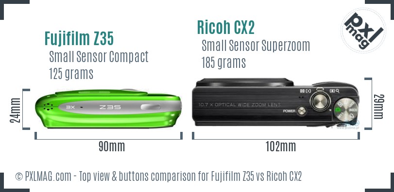 Fujifilm Z35 vs Ricoh CX2 top view buttons comparison