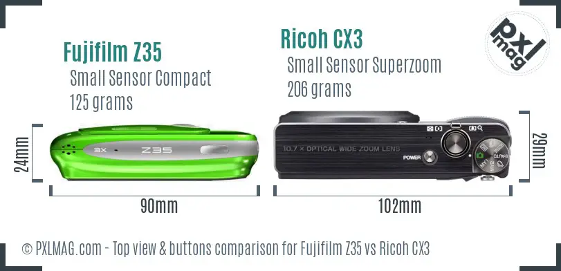 Fujifilm Z35 vs Ricoh CX3 top view buttons comparison Fujifilm Z35 vs Ricoh CX3 top view buttons comparison