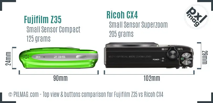 Fujifilm Z35 vs Ricoh CX4 top view buttons comparison Fujifilm Z35 vs Ricoh CX4 top view buttons comparison