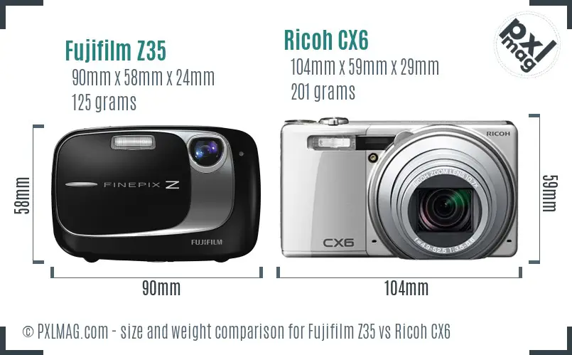 Fujifilm Z35 vs Ricoh CX6 size comparison