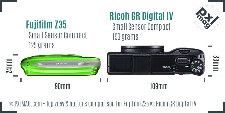 Fujifilm Z35 vs Ricoh GR Digital IV top view buttons comparison
