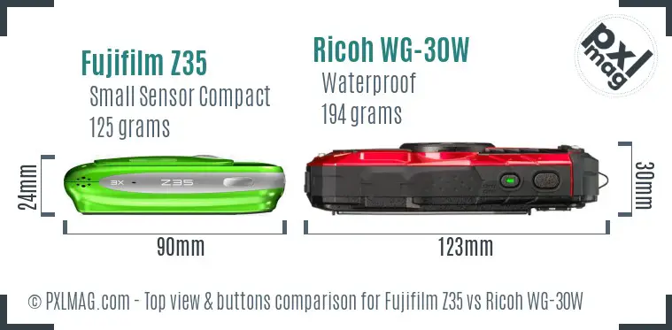 Fujifilm Z35 vs Ricoh WG-30W top view buttons comparison