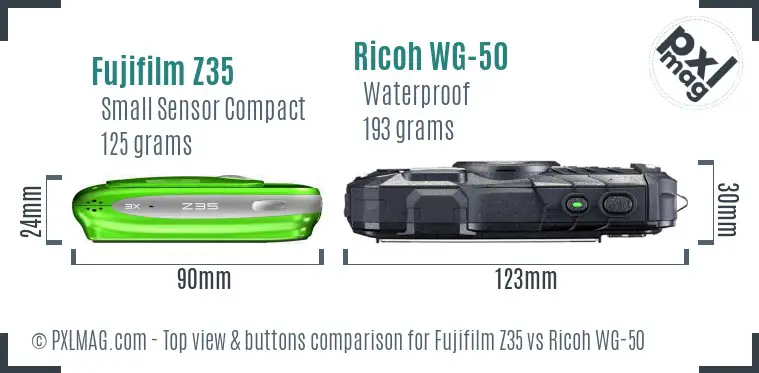 Fujifilm Z35 vs Ricoh WG-50 top view buttons comparison Fujifilm Z35 vs Ricoh WG-50 top view buttons comparison