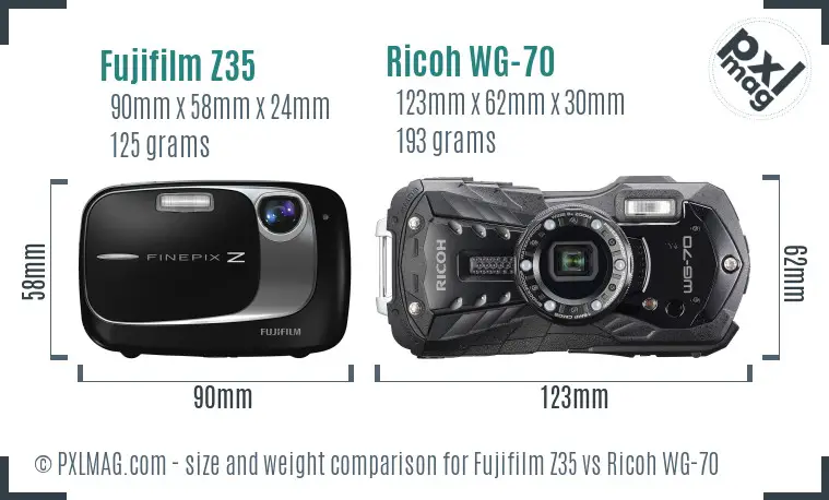 Fujifilm Z35 vs Ricoh WG-70 size comparison