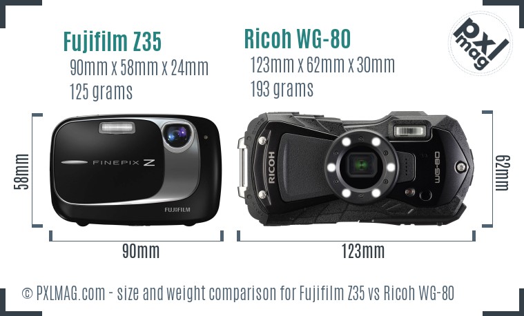 Fujifilm Z35 vs Ricoh WG-80 size comparison