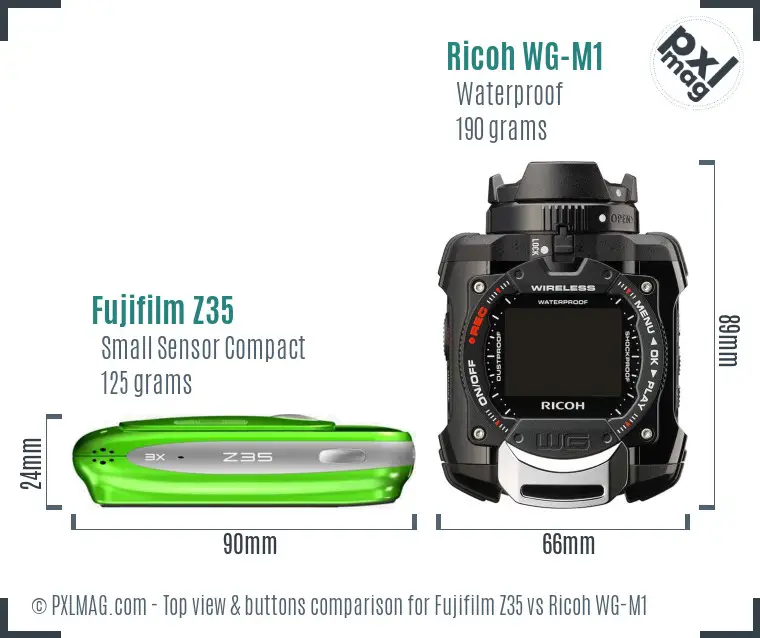 Fujifilm Z35 vs Ricoh WG-M1 top view buttons comparison