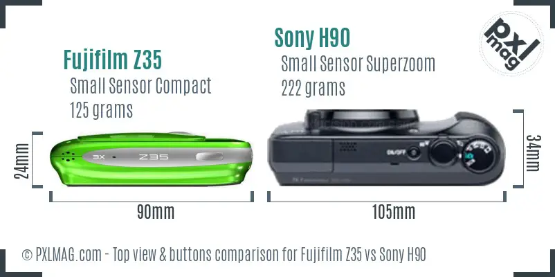 Fujifilm Z35 vs Sony H90 top view buttons comparison Fujifilm Z35 vs Sony H90 top view buttons comparison