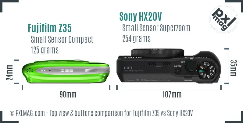Fujifilm Z35 vs Sony HX20V top view buttons comparison Fujifilm Z35 vs Sony HX20V top view buttons comparison