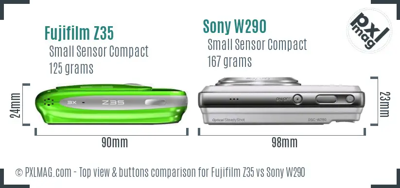 Fujifilm Z35 vs Sony W290 top view buttons comparison Fujifilm Z35 vs Sony W290 top view buttons comparison