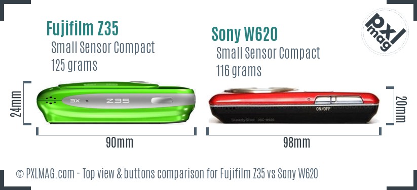 Fujifilm Z35 vs Sony W620 top view buttons comparison