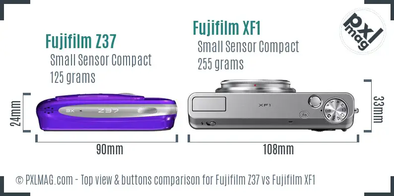 Fujifilm Z37 vs Fujifilm XF1 top view buttons comparison Fujifilm Z37 vs Fujifilm XF1 top view buttons comparison