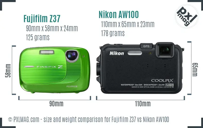 Fujifilm Z37 vs Nikon AW100 size comparison