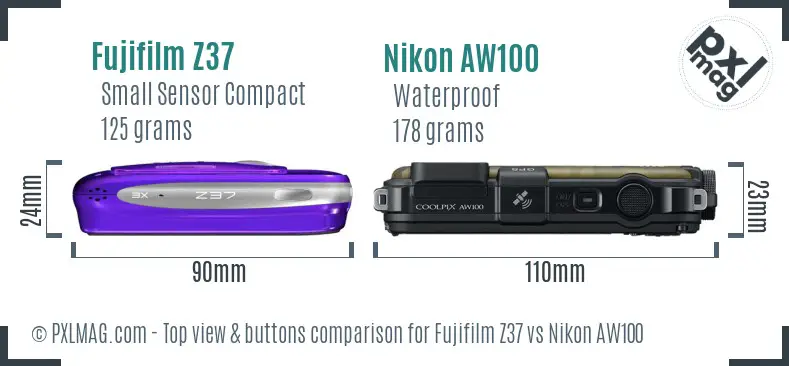 Fujifilm Z37 vs Nikon AW100 top view buttons comparison