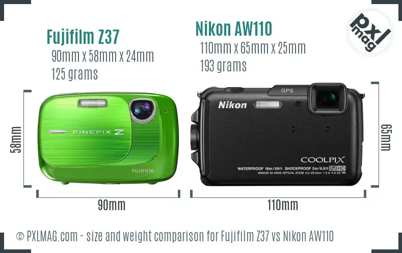 Fujifilm Z37 vs Nikon AW110 size comparison