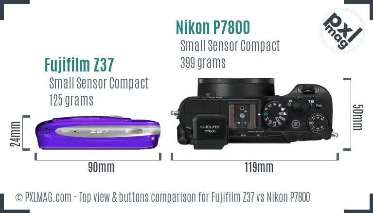 Fujifilm Z37 vs Nikon P7800 top view buttons comparison