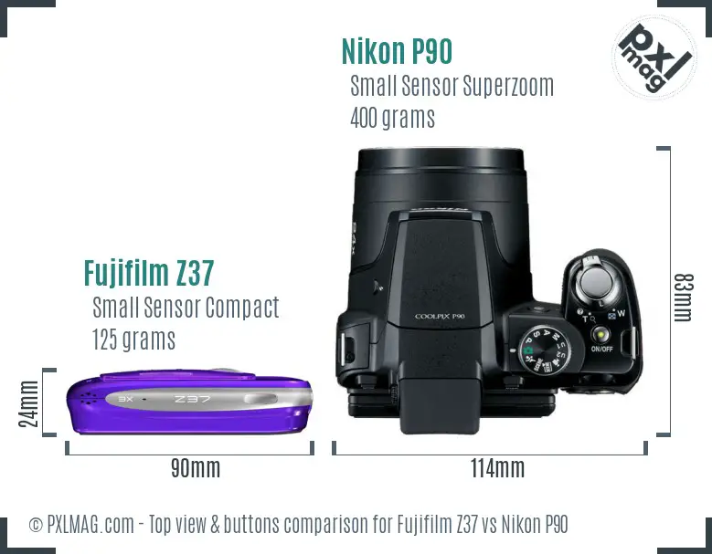 Fujifilm Z37 vs Nikon P90 top view buttons comparison
