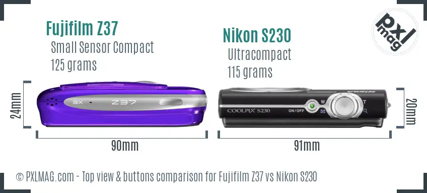 Fujifilm Z37 vs Nikon S230 top view buttons comparison