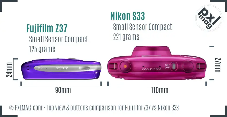 Fujifilm Z37 vs Nikon S33 top view buttons comparison