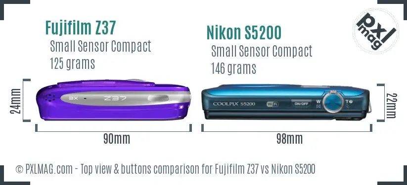 Fujifilm Z37 vs Nikon S5200 top view buttons comparison