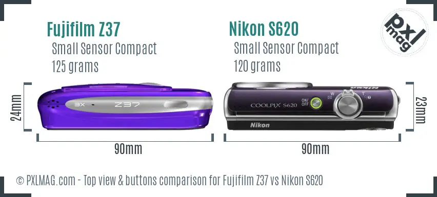 Fujifilm Z37 vs Nikon S620 top view buttons comparison