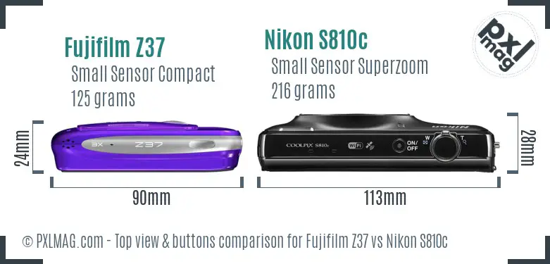 Fujifilm Z37 vs Nikon S810c top view buttons comparison