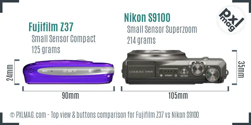 Fujifilm Z37 vs Nikon S9100 top view buttons comparison